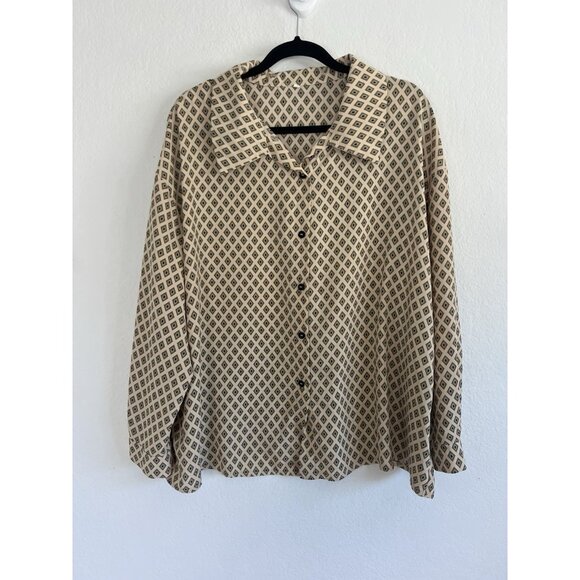 Vintage Diamond Floral Geometric Retro Blouse Womens 1X Cream Button Up Top - Picture 1 of 11